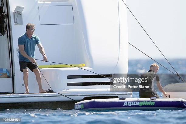 Sylvester Stallone is seen holidaying on his yacht on August 10, 2013 around Saint Tropez,France.