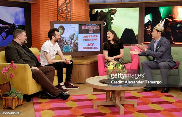 Dean DeBlois, Jay Baruchel, America Ferrera and Alan Tacher are seen on the set of Despierta America to promote the movie 'How to Train Your Dragon...
