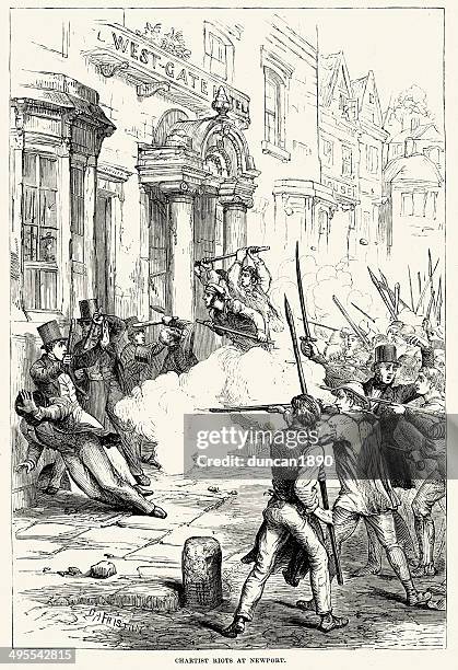 chartist riots at newport - newport wales stock illustrations