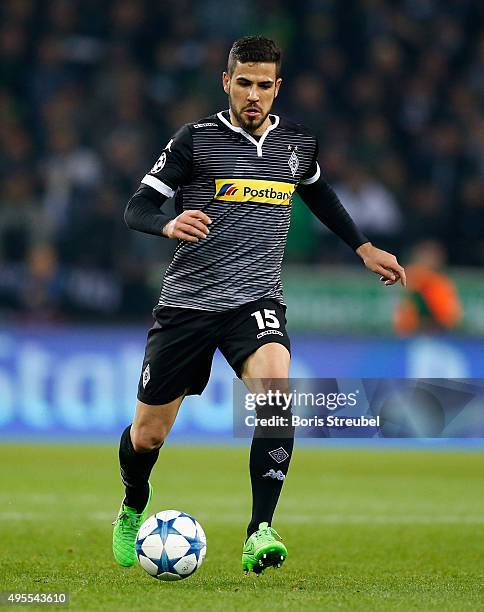 Alvaro Dominguez of Borussia Monchengladbach runs with the ball during the UEFA Champions League Group D match between VfL Borussia Monchengladbach...