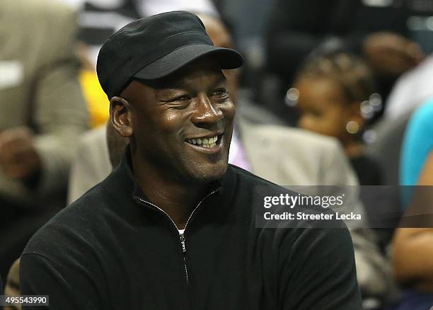 Owner of the Charlotte Hornets, Michael Jordan, watches on during their game against the Chicago Bulls at Time Warner Cable Arena on November 3, 2015...