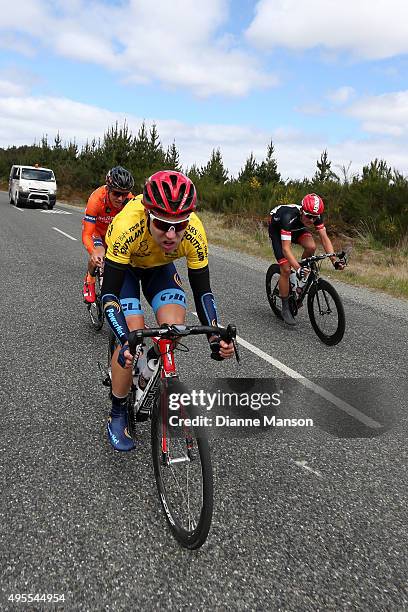 Brad Evans of Dunedin wears the yellow jersey during stage three of the Tour of Southland on November 4, 2015 in Invercargill, New Zealand.