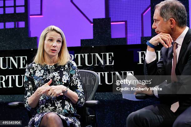 Marissa Mayer and Adam Lashinsky speak on a panel during the Fortune Global Forum - Day2 at the Fairmont Hotel on November 3, 2015 in San Francisco,...