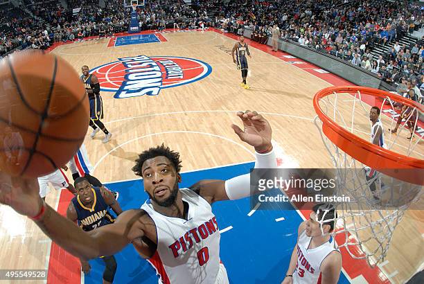 Andre Drummond of the Detroit Pistons goes to the basket against the Indiana Pacers during the game on November 3, 2015 at The Palace of Auburn Hills...