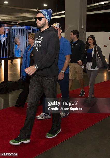 Eric Hosmer of the Kansas City Royals arrives at Sprint Center on November 3, 2015 in Kansas City, Missouri.