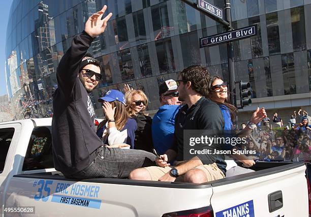 Eric Hosmer of the Kansas City Royals waves to fans along the parade route in fron of Sprint Center on November 3, 2015 in Kansas City, Missouri.