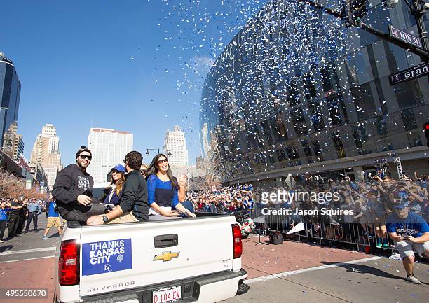 Eric Hosmer of the Kansas City Royals waves to fans along the parade route in front of Sprint Center on November 3, 2015 in Kansas City, Missouri.