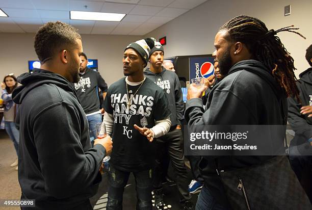 Kelvin Herrera, Jerrod Dyson and Johnny Cueto of the Kansas City Royals before joining the parade at Sprint Center on November 3, 2015 in Kansas...