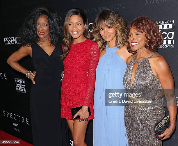 Actresses Trina Parks, Naomi Harris, Halle Berry and Gloria Hendry attend "Spectre" - The Black Women of Bond tribute at the California African...