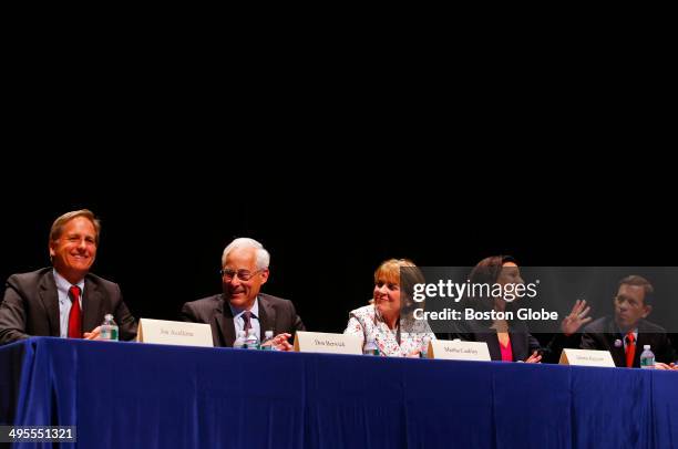 Left to right, Democratic Candidates for Governor Joe Avellone, Don Berwick, Martha Cokley, Juliette Kayyem, and Steve Grossman are seated at the...