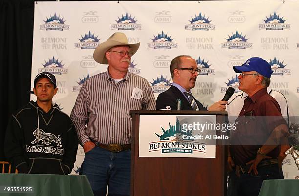 Art Sherman, who is the head trainer to California Chrome speaks as his son Alan and assistant trainer, Jockey Victor Espinoza, and co owner Steve...