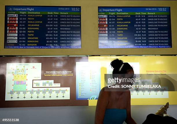 Passenger stands in front of a flight information board at the international departure area of Bali's Ngurah Rai Airport in Denpasar on November 4,...