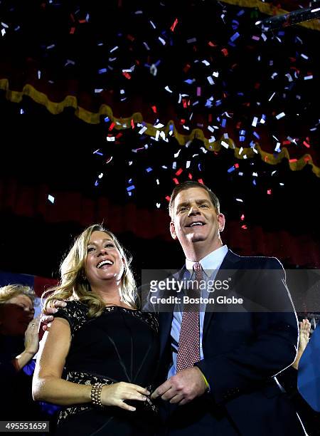 Marty Walsh with his longtime partner Lorrie Higgins at his Election night party at the Park Plaza hotel in Boston, Mass. On November 5, 2013.