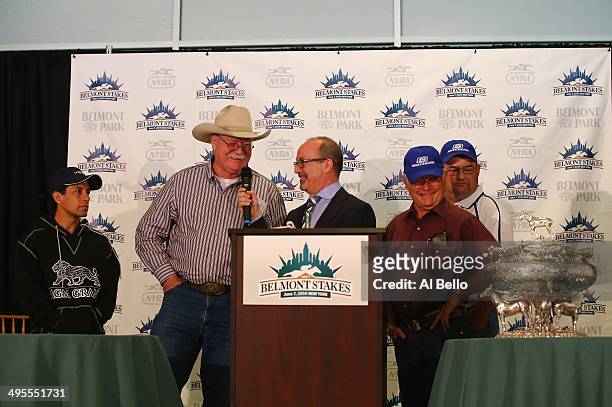 Co owner of California Chrome Steve Coburn speaks as Art Sherman, who is the head trainer, his son Alan and assistant trainer, Jockey Victor...