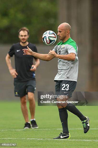 Mark Bresciano of the Socceroos trains separately to team mates during an Australian Socceroos training session at Arena Unimed Sicoob on June 4,...