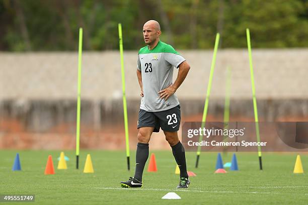 Mark Bresciano of the Socceroos trains separately to team mates during an Australian Socceroos training session at Arena Unimed Sicoob on June 4,...