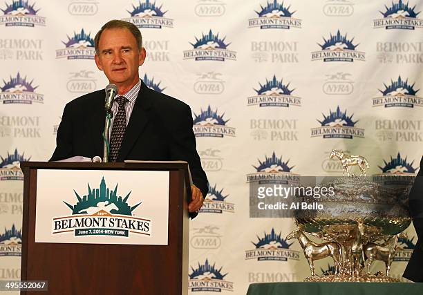 President and CEO of The New York Racing Association Christopher Kay speaks during the Belmont stakes Draw at Belmont Park on June 4, 2014 in Elmont,...
