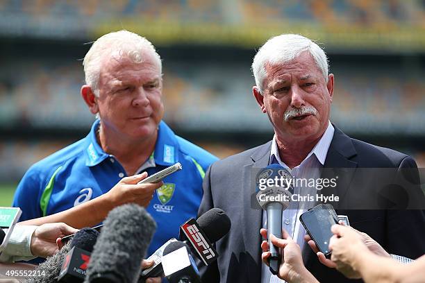 Sir Richard Hadlee and Craig McDermott speak to media during a press conference before the Australia nets session at The Gabba on November 4, 2015 in...