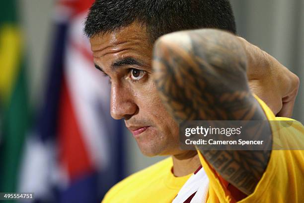 Tim Cahill of the Socceroos talks to media during an Australian Socceroos press conference at Arena Unimed Sicoob on June 4, 2014 in Vitoria, Brazil.