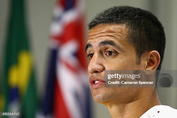 Tim Cahill of the Socceroos talks to media during an Australian Socceroos press conference at Arena Unimed Sicoob on June 4, 2014 in Vitoria, Brazil.