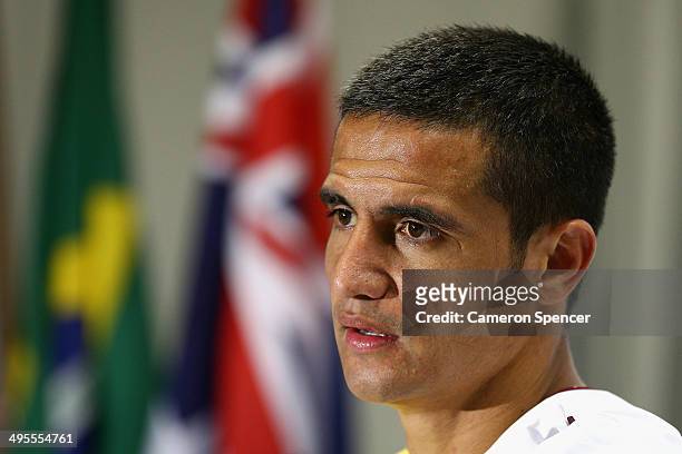 Tim Cahill of the Socceroos talks to media during an Australian Socceroos press conference at Arena Unimed Sicoob on June 4, 2014 in Vitoria, Brazil.