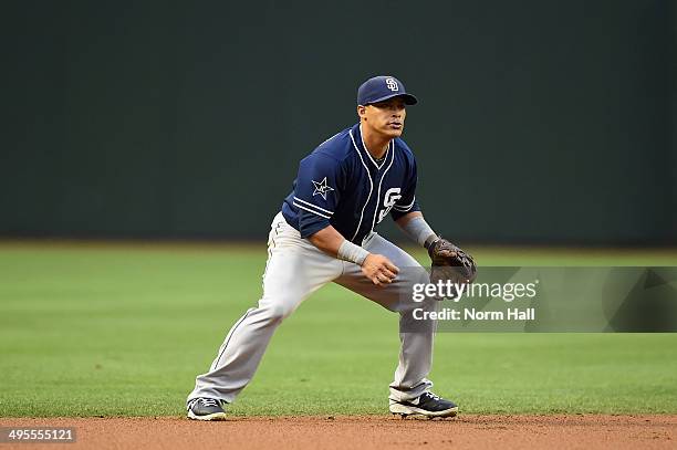 Everth Cabrera of the San Diego Padres gets ready to make a play against the Arizona Diamondbacks at Chase Field on May 28, 2014 in Phoenix, Arizona.