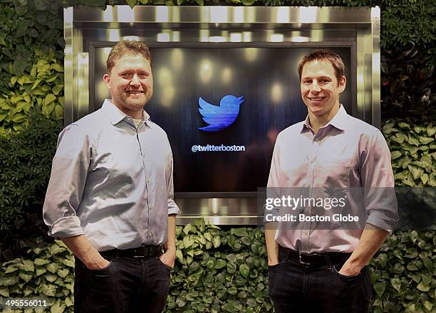 Chris Fry, left, senior vice president of engineering and Alex Roetter, right, vice president of engineering at Twitter's new offices in Cambridge,...