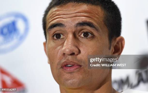 Australian Socceroos football player Tim Cahill speaks at a press conference after a team training run in Vitoria on June 4 as they prepare for the...