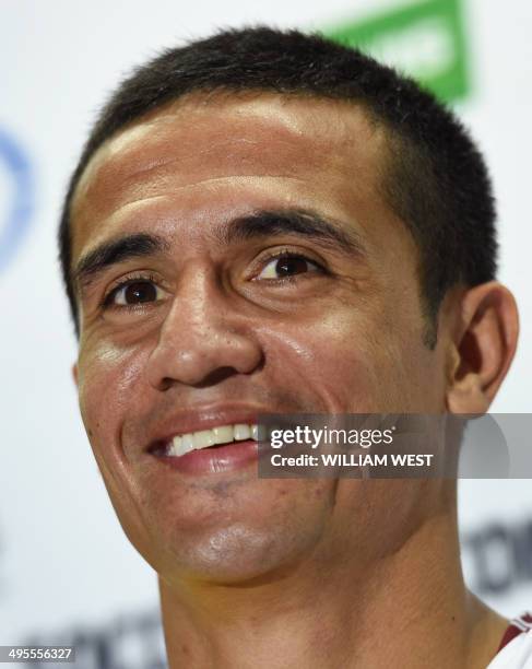 Australian Socceroos football player Tim Cahill speaks at a press conference after a team training run in Vitoria on June 4 as they prepare for the...