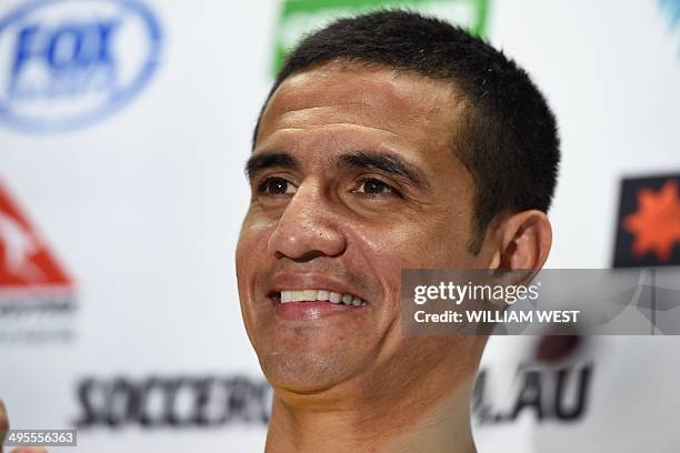 Australian Socceroos football player Tim Cahill speaks at a press conference after a team training run in Vitoria on June 4 as they prepare for the...