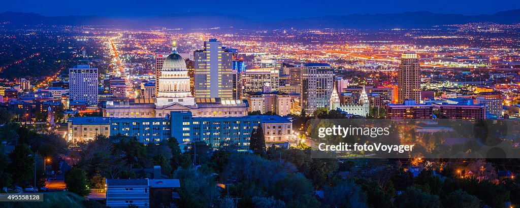 Salt Lake City downtown landmarks illuminated dusk panorama Utah USA