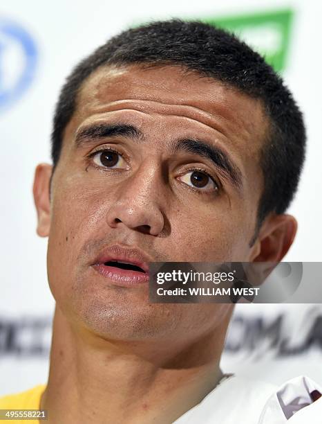 Australian Socceroos football player Tim Cahill speaks at a press conference after a team training run in Vitoria on June 4 as they prepare for the...