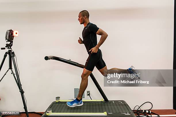 Olympic gold medalist Ashton Eaton is photographed on a warmup treadmill at the Nike Sports Research Lab for Wall Street Jornal Magazine on August...