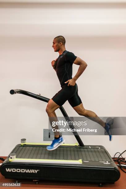 Olympic gold medalist Ashton Eaton is photographed on a warmup treadmill at the Nike Sports Research Lab for Wall Street Jornal Magazine on August...