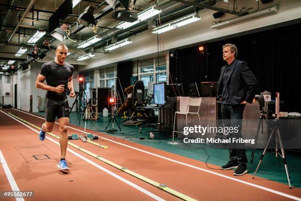 Nike CEO Mark Parker and Olympic gold medalist Ashton Eaton are photographed in the Nike Sports Research Lab for Wall Street Jornal Magazine on...