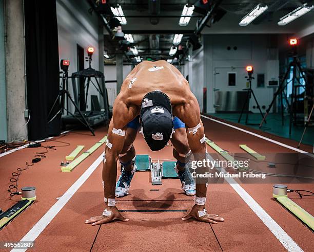 Olympic gold medalist Ashton Eaton is photographed in the Nike Sports Research Lab for Wall Street Jornal Magazine on August 22, 2013 in Beaverton,...