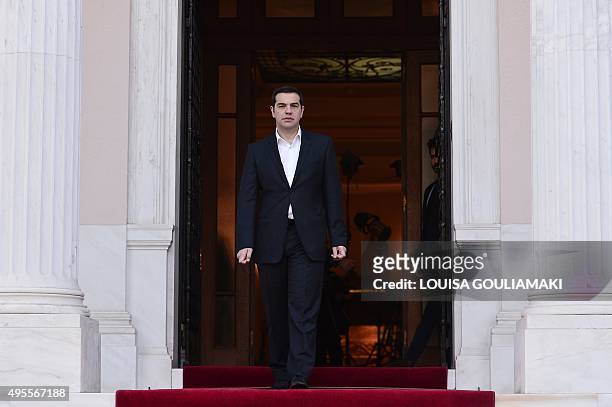 Greek prime minister Alexis Tsipras waits for the arrival of European Parliament's president for their talks in Athens on November 4, 2015. The first...