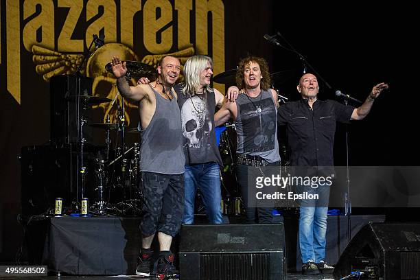 Lee Agnew, Jimmy Murrison, Carl Sentance and Pete Agnew of Nazareth perform on stage in live concert of Nazareth in Crocus City Hall on November 2,...