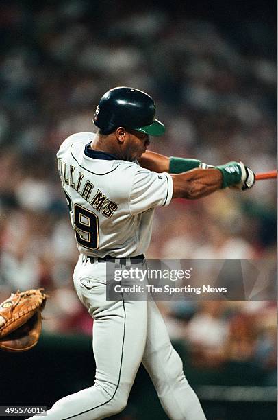 Gerald Williams of the Milwaukee Brewers bats against the Texas Rangers at The Ballpark in Arlington on September 14, 1996 in Arlington, Texas. The...