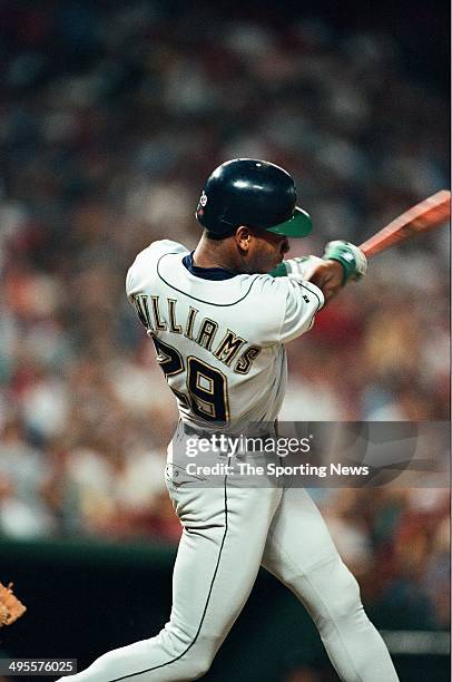 Gerald Williams of the Milwaukee Brewers bats against the Texas Rangers at The Ballpark in Arlington on September 14, 1996 in Arlington, Texas. The...