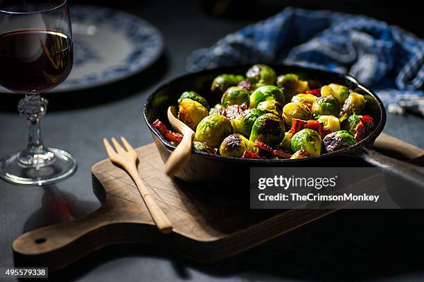 brussels sprouts with char siu glazed bacon - brussel sprout stock pictures, royalty-free photos & images