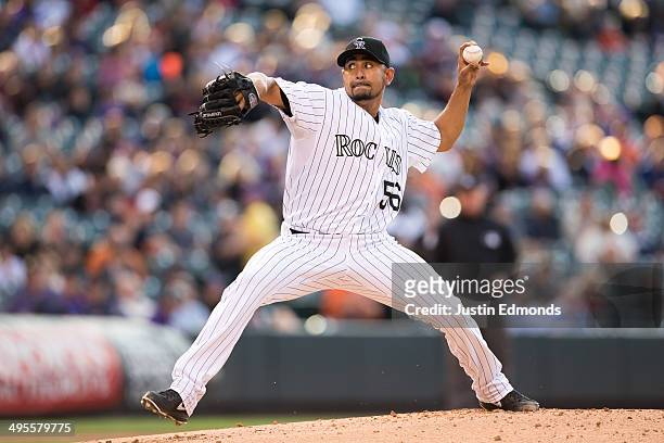 Franklin Morales of the Colorado Rockies pitches against the San Francisco Giants at Coors Field on May 20, 2014 in Denver, Colorado.