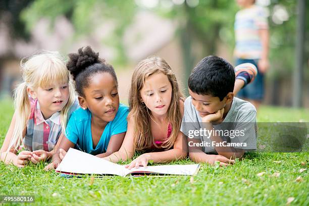 looking at a picture book in the park - summer school stock pictures, royalty-free photos & images