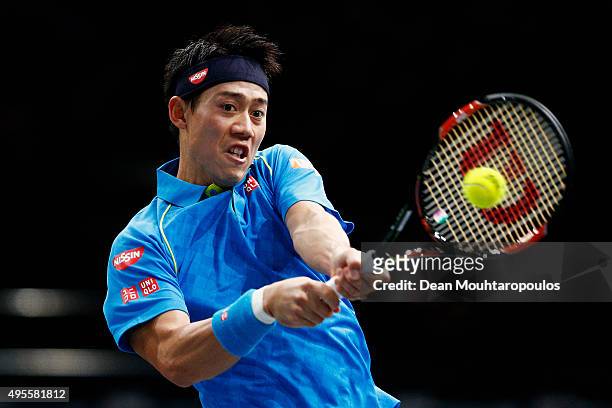 Kei Nishikori of Japan in action against Jeremy Chardy of France during Day 3 of the BNP Paribas Masters held at AccorHotels Arena on November 4,...