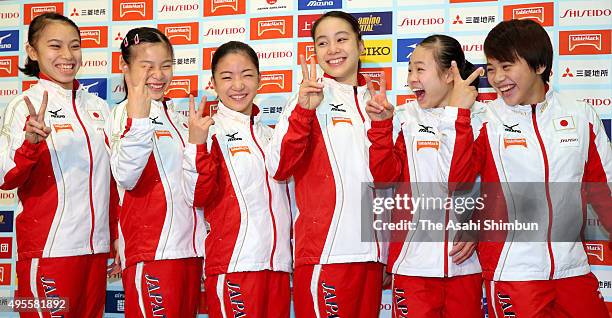 Japan Women's Gymnastics team members Sakura Yumoto, Aiko Sugihara, Asuka Teramoto, Natsumi Sasada, Sae Miyakawa and Mai Murakami pose for...