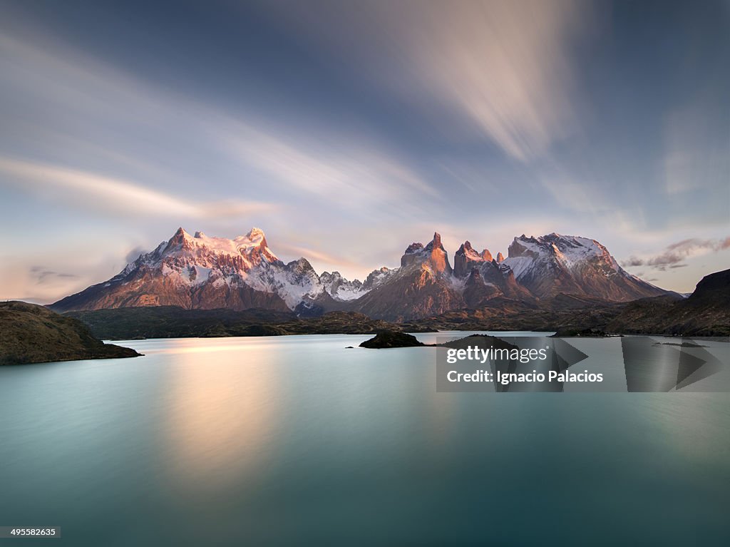 Torres del Paine at sunrise with Pehoe lake
