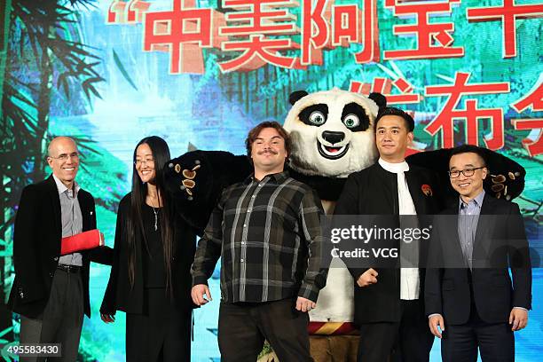 American actor Jack Black and Chinese actor Huang Lei attend the press conference of film "Kung Fu Panda 3" on November 4, 2015 in Beijing, China.