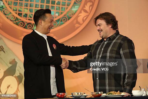 American actor Jack Black and Chinese actor Huang Lei attend the press conference of film "Kung Fu Panda 3" on November 4, 2015 in Beijing, China.