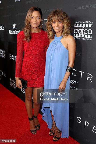 Actresses Naomie Harris and Halle Berry attend 'Spectre' The Black Women of Bond Tribute at California African American Museum on November 3, 2015 in...