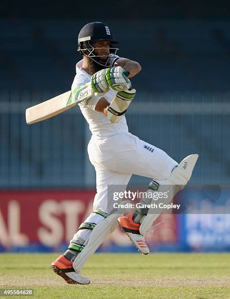 Moeen Ali of England bats during day four of the 3rd Test between Pakistan and England at Sharjah Cricket Stadium on November 4, 2015 in Sharjah,...